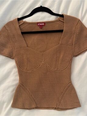 STAUD Tan Ribbed Sweetheart Short Sleeve Knit Top